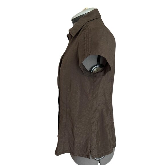 Christopher & Banks Womens Petite Small Short Sleeve V Neck Brown Blouse - Picture 2 of 8